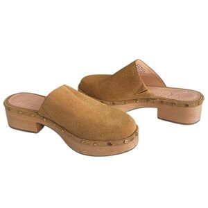 J.Crew Tan Suede Leather Clog Mules Size 6.5 | Wood Studded Slip-Ons